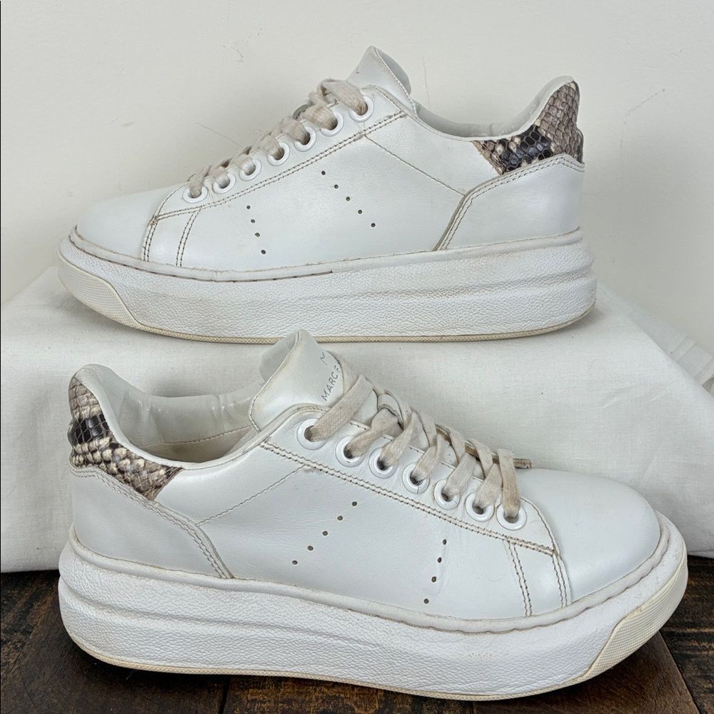 Marc Fisher Women’s 7 Maggy White Leather Low-Top Chunky Sneakers Snakeskin Heel - Picture 6 of 8